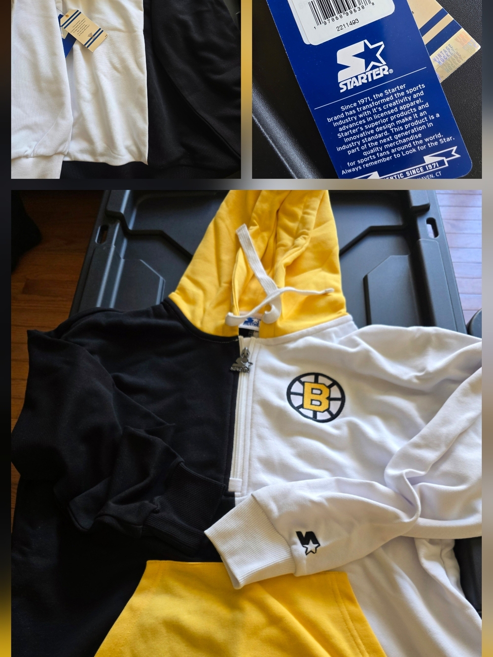 Boston Bruins Unisex STARTER Black White Yellow Colorblock Hoodie Med Brand New